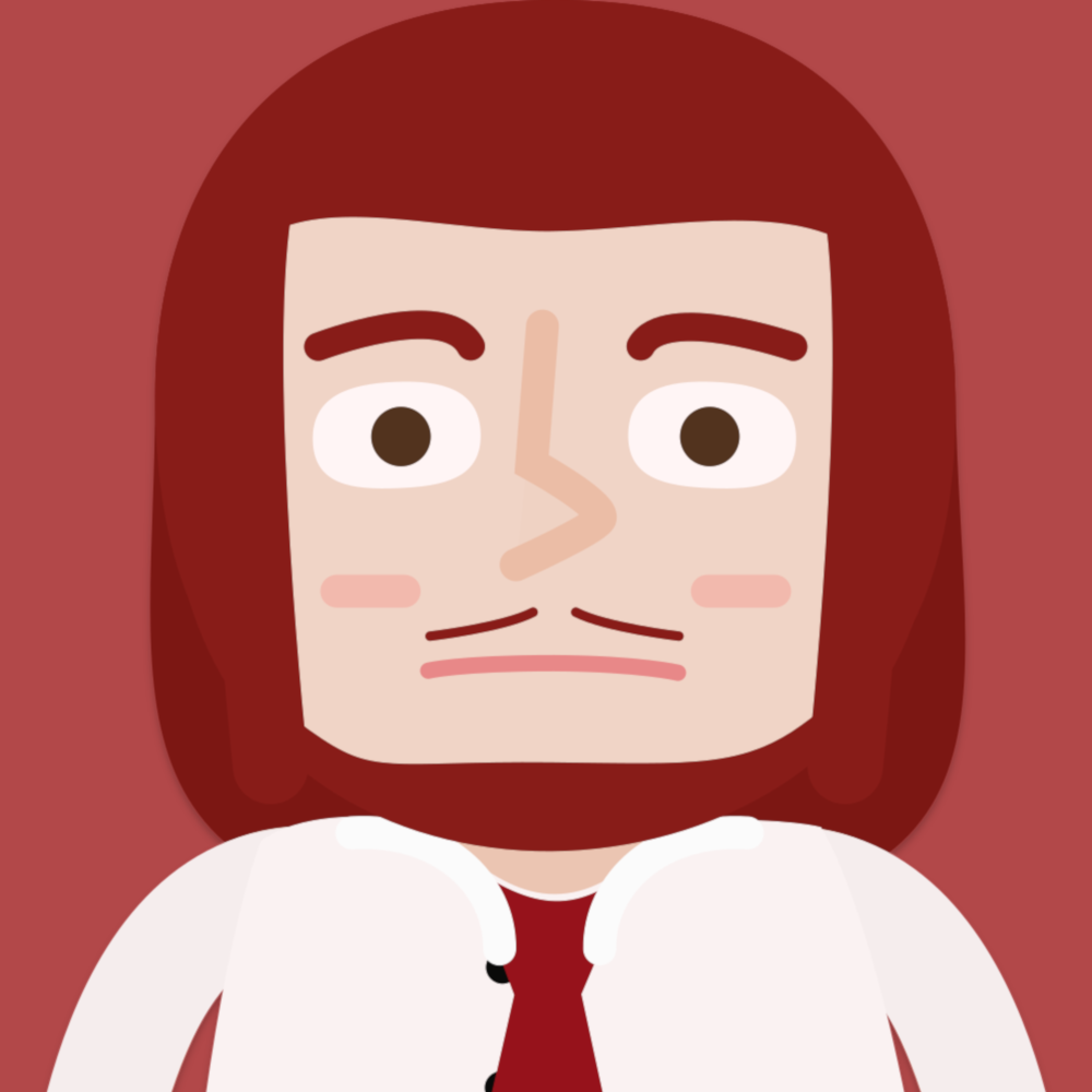 A portrait of a cartoon man with long hair, a trimmed beard, a white buttoned shirt, and a red bowtie.