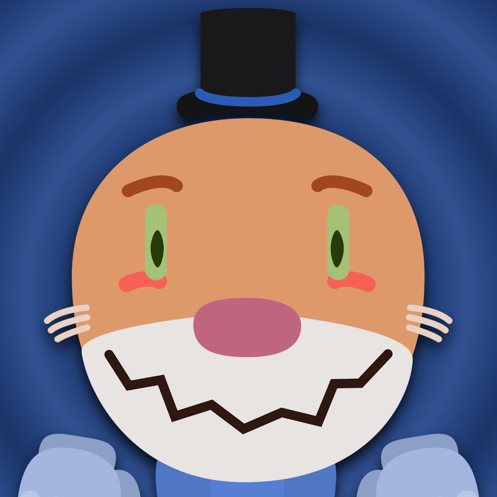 A portrait of a cartoon orange cat demon with green eyes, a black hat, blue bowtie, and gloved human-like hands.