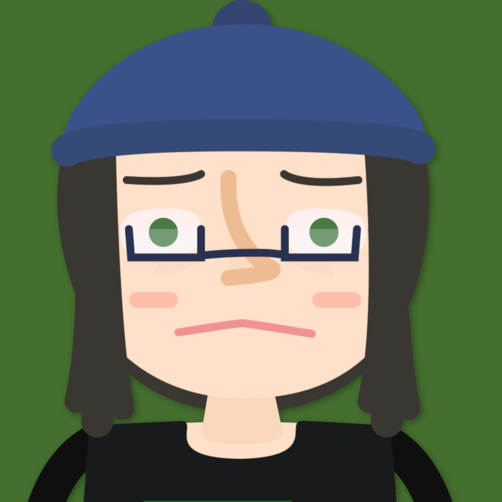 A portrait of a frowning cartoon woman with glasses, long hair bangs, and a blue bennie.