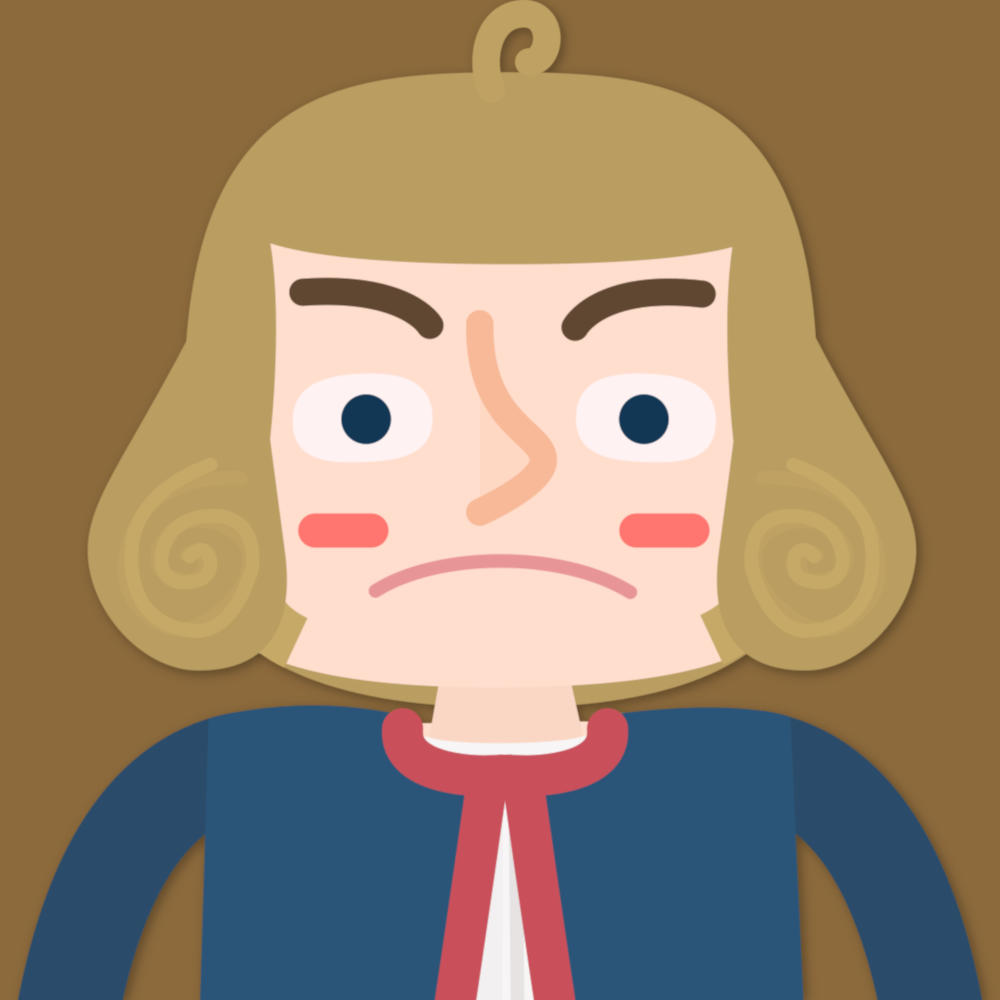 A portrait of an irritated cartoon man with bell-shaped blonde hair, visible sideburns, and an Americophilic dress.