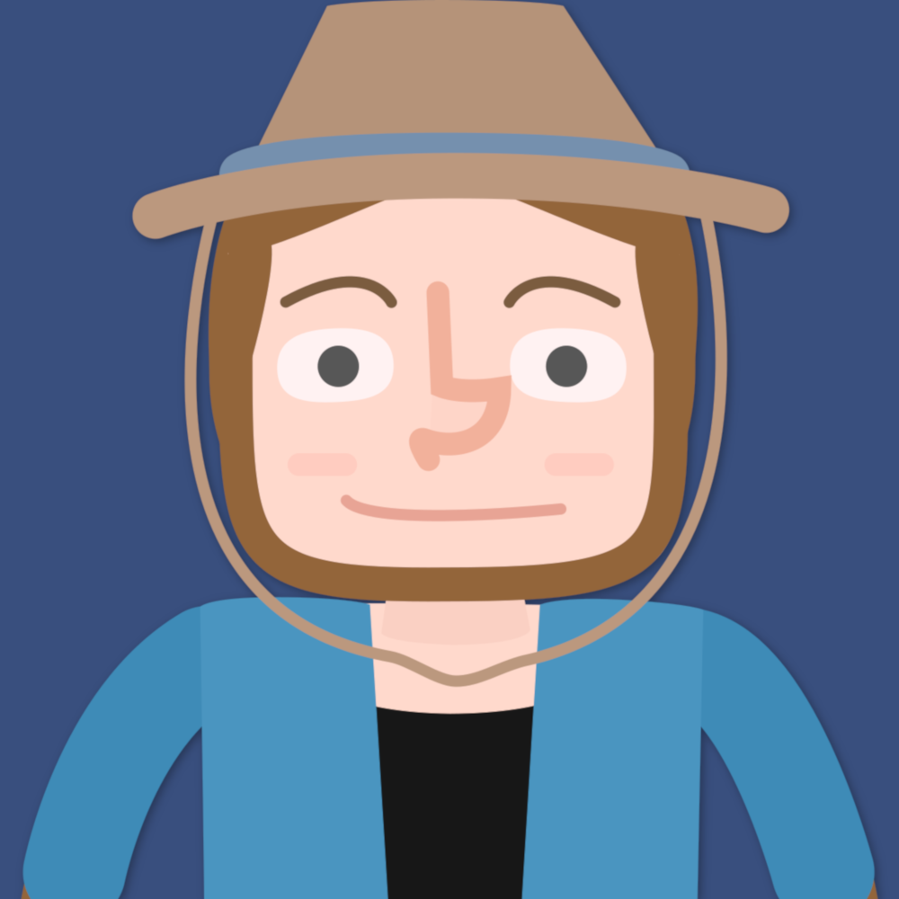 A portrait of a smirking cartoon man with an open-collar blue shirt over a black gym shirt, a summer hat, and a brown bread.