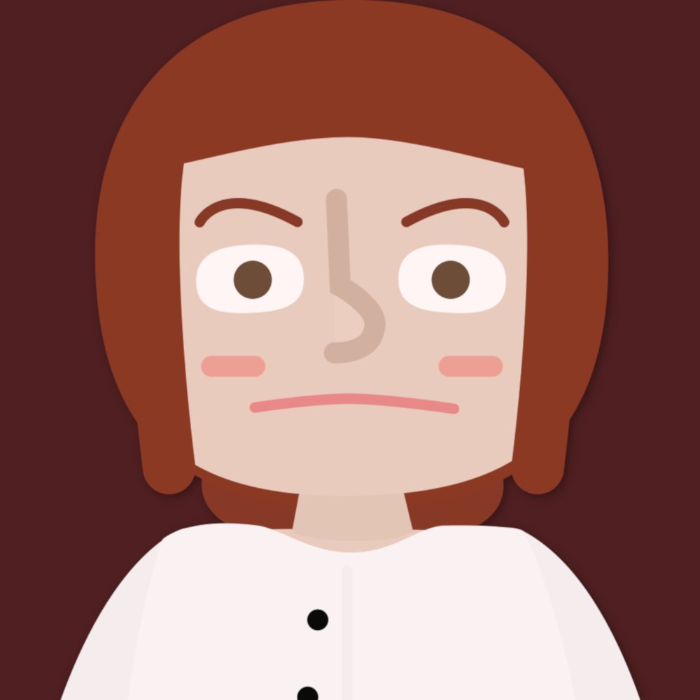 A portrait of a cartoon woman with short hair, a ponytail, and a white buttoned shirt.